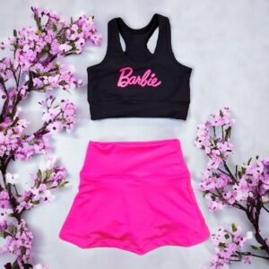 Kids Conjunto Barbie Top Negro Falda Fucsia