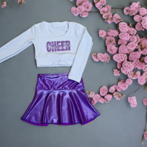 Kids Conjunto Cheer Morado Glitter Top Manga Larga Falda Short Semi Acampanada
