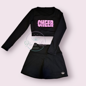 Kids Conjunto Cheer Negro Top Manga Larga & Falda Short Apl. Rosa